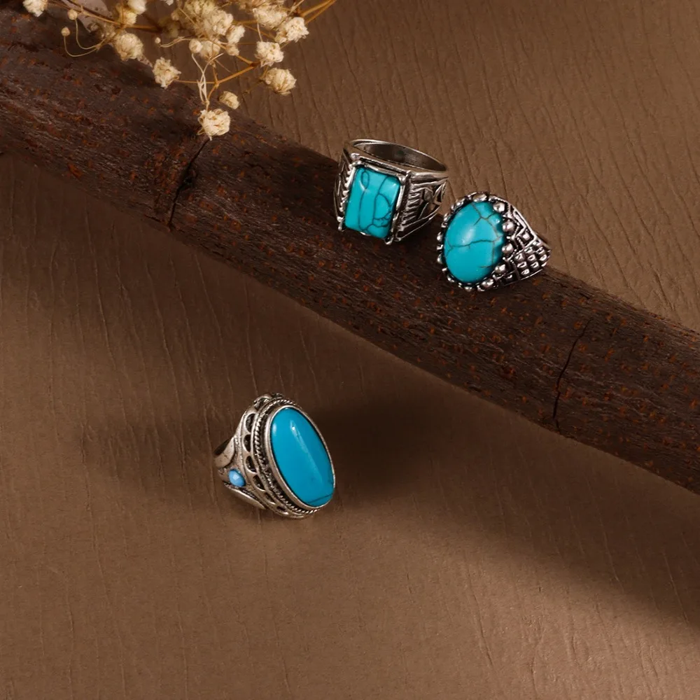 Creative Antique Western Country Ring Aesthetic Alloy Turquoise Ring Fashion Square Vintage Ring Girls