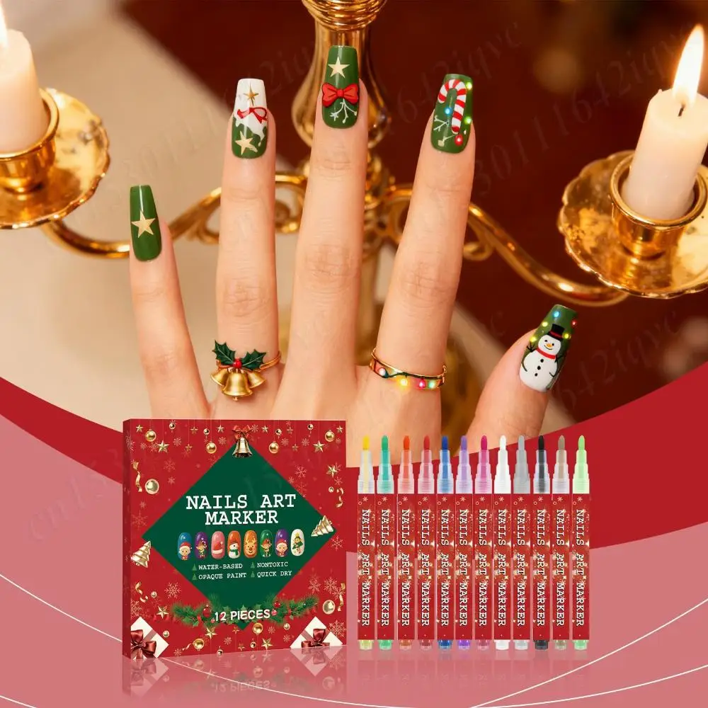 

12 Colors Christmas Nail Art Pens Set Xmas DIY Quick Dry Graffiti Dotting Point Liner Pens Acrylic Paint Pen Nail Polish Markers