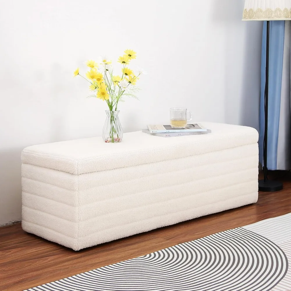 

Boucle Rectangle Ottoman with Hinged Lid White Storage Bench for Bedroom Upholstered End of Bed Bench for Living Room