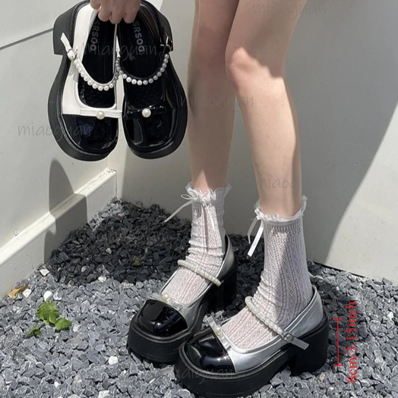 

Роскошные изысканные женские туфли Мэри Джейн на толстой подошве с японским жемчугом, на массивном каблуке, в стиле Лолита, модные туфли-лодочки на высоком каблуке