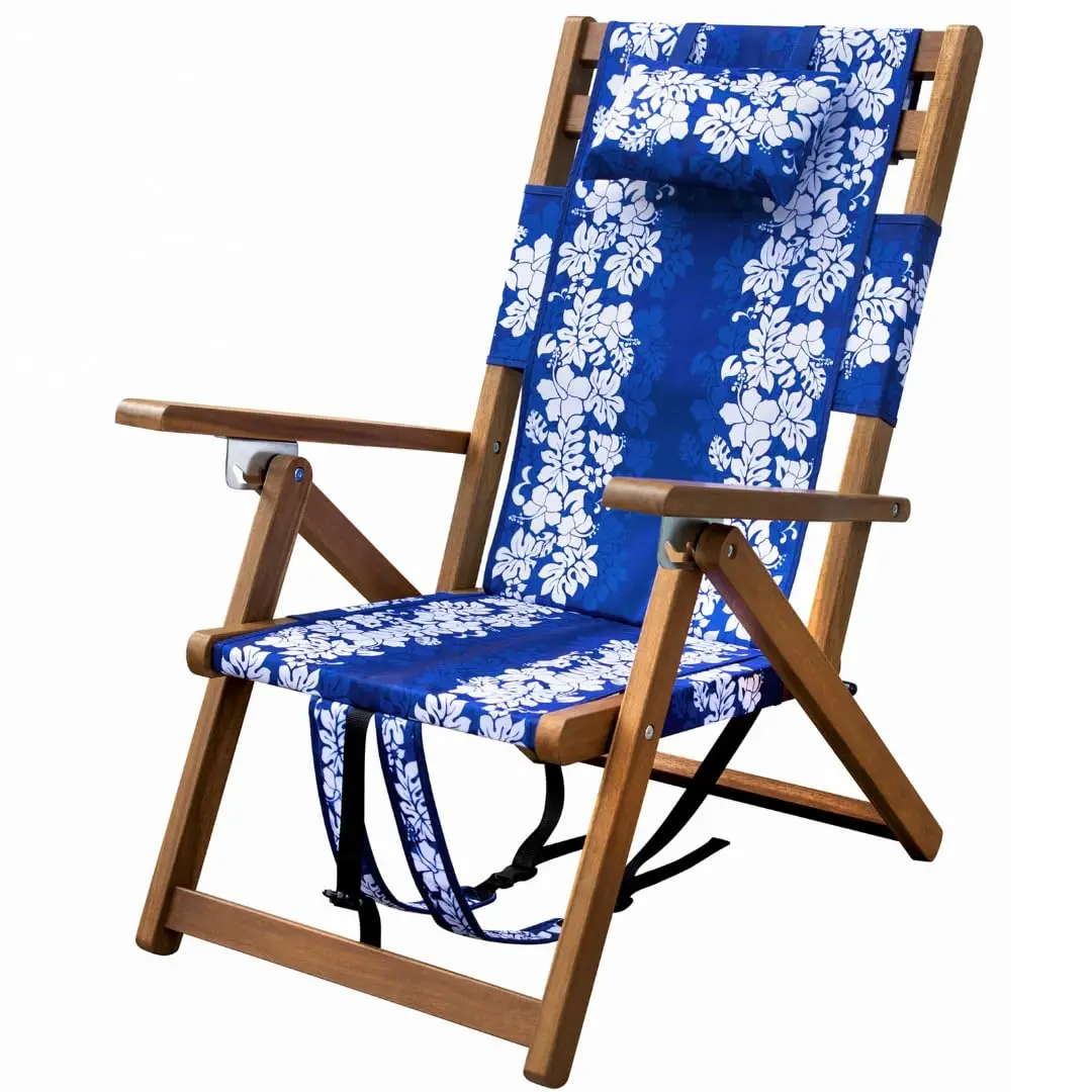 

Wooden Folding Outdoor Chair – 3-Position Reclining Beach Sling w/ Pillow, Zipper Pouch, Carry Strap – Acacia Wood Frame for Pat