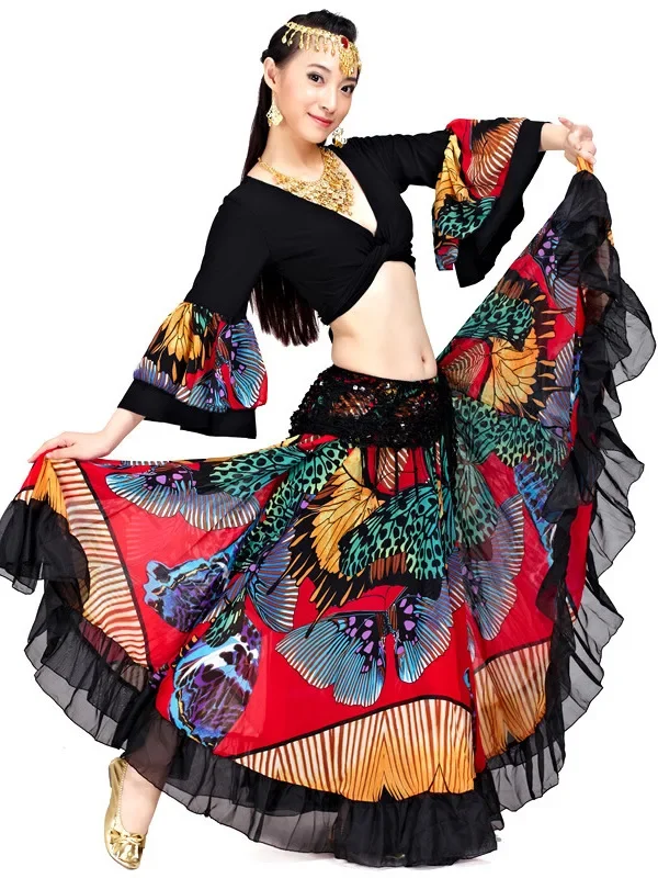 Zigeuner Swing Rok Chiffon Grote Cirkel Buikdans Kostuum Outfit Print Choli Top Wrap Blouse Hoorn Mouw Danser Performance Show