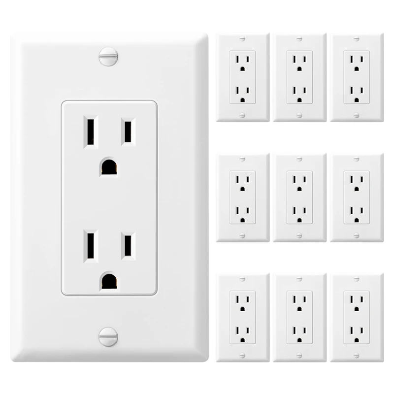 10 Pack Tamper-Resistant Electrical Outlet Decorator Receptacle Outlet With Wall Plate, 15A 125V, Self-Grounding