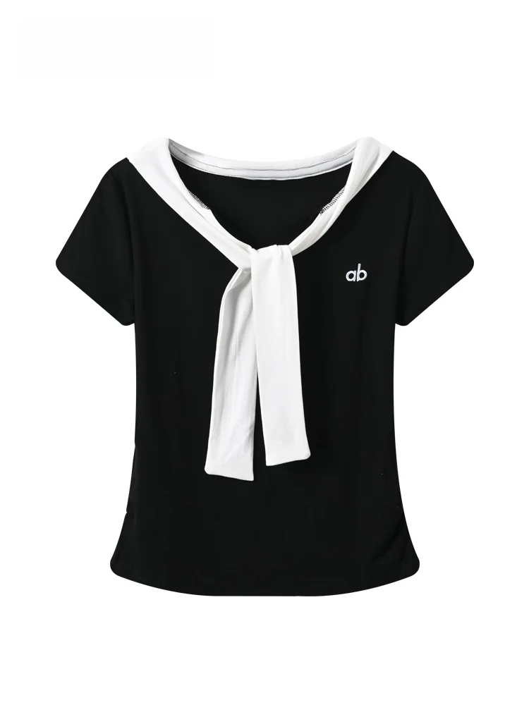 

plus Size Short Sleeve T-Shirt Women's Summer New Style Slimming Patchwork Naval Collar Top Breathable Polyester Cotton Blend