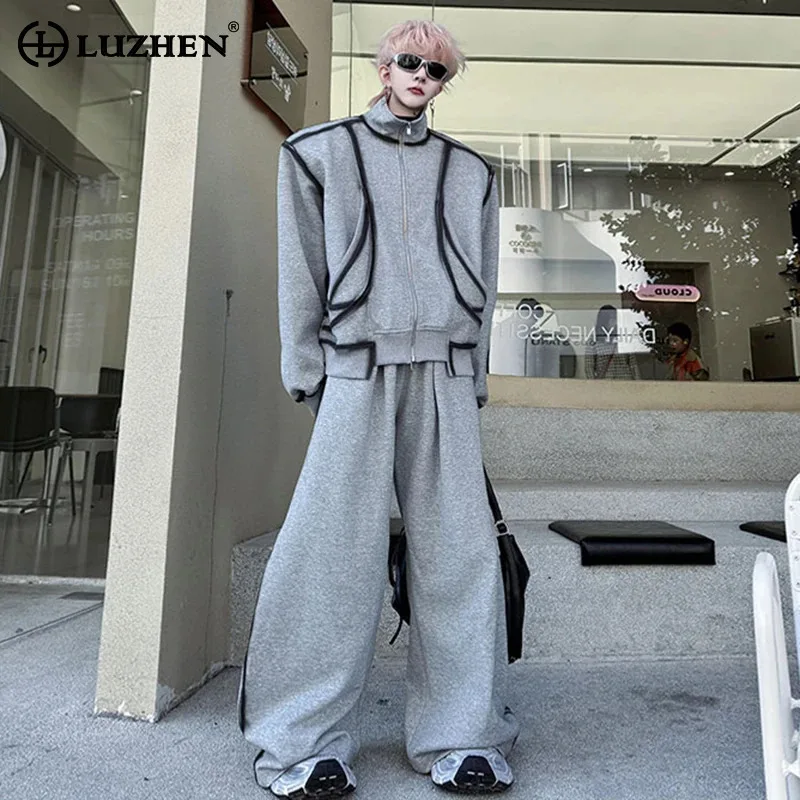 

LUZHEN Jacket Color Contrast Stripe Design Loose Fashion Sweatshirt Men's Baggy Pants 2025 Spring Street Two-piece Sets JY5498