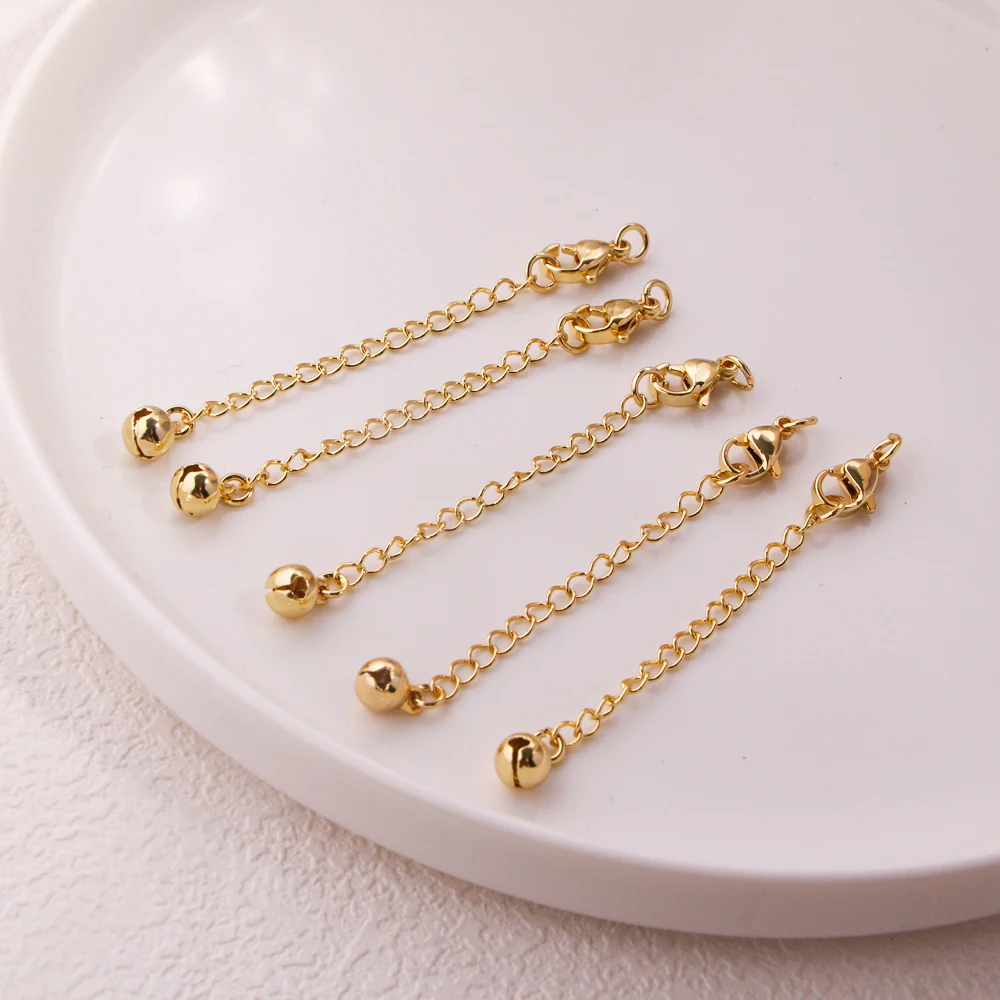 50pcs, Lobster Claw Clasps with Extender Chain, Gold plated Brass Extension Chain Bell Charm