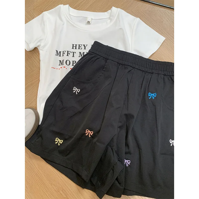 Summer High Quality Chic Bow Embroidery Cotton Shorts Women Loose Casual Elastic Waist Sports Pants