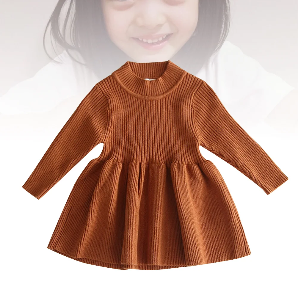 

Girls Knitted Dress Brown 73Cm Autumn Winter Long Sleeve Keep Warm Simple Fashion Kids Sweater Skirt Casual Daily Wear