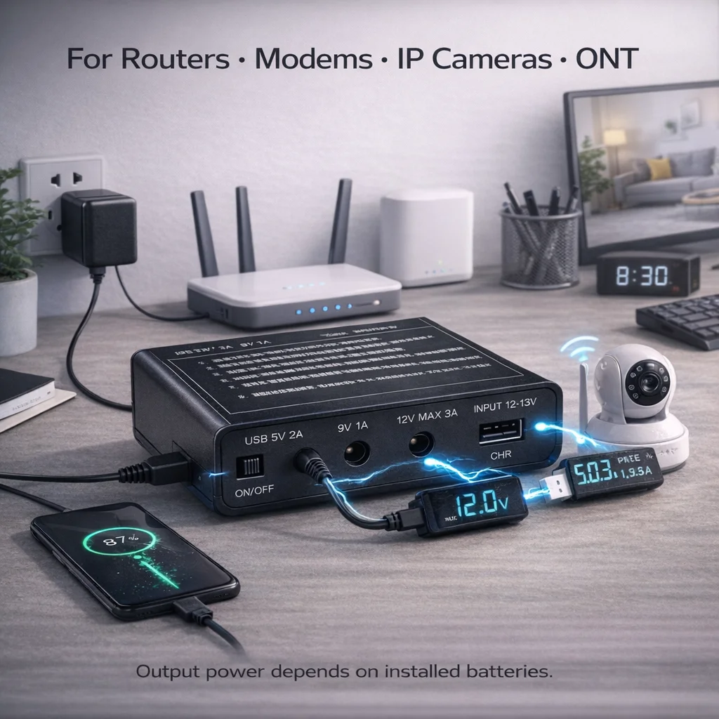 Professional DC UPS Power Backup, 12V 3A 9V 1A USB 5V 2A, Replaceable 18650 Battery Design for Network Devices