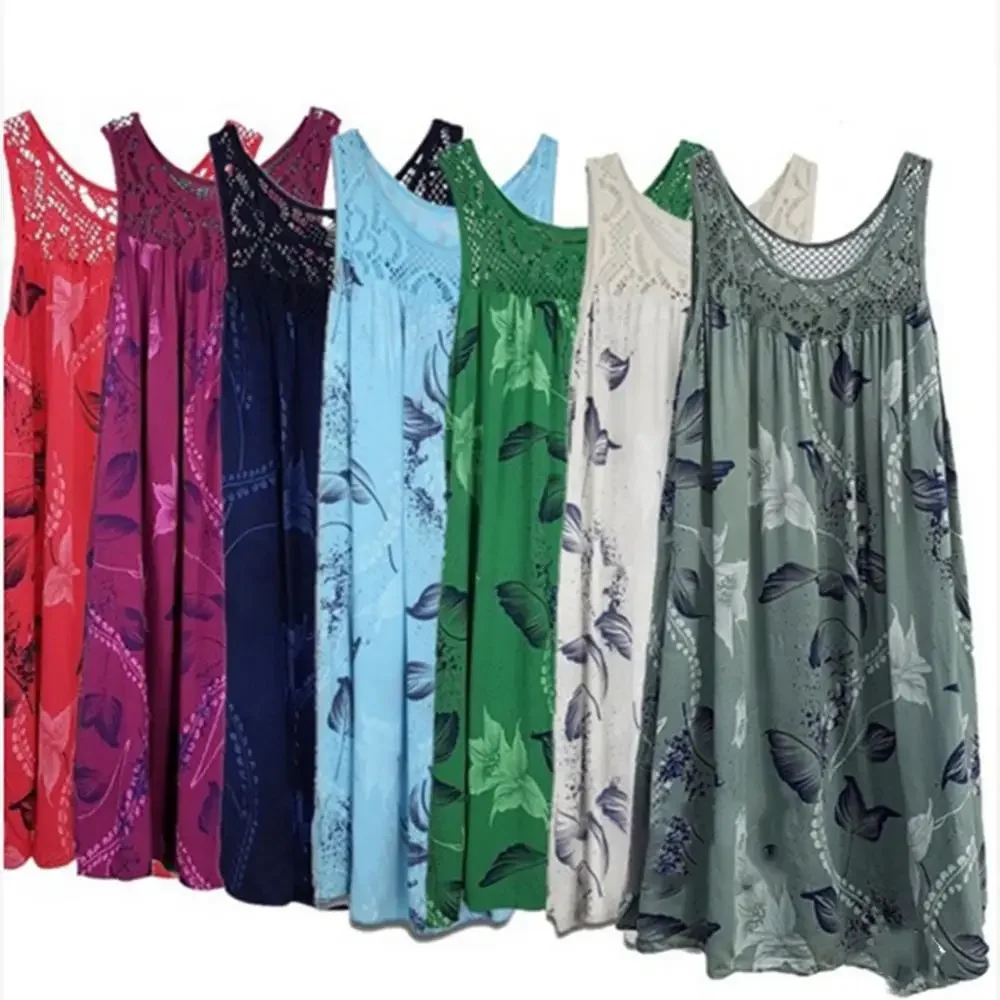 

Floral Printed Tank Dress Lace O-Neck Sleeveless Women Summer Loose Beach Dress Bohemian Sundress Fashion Party Holiday Robe