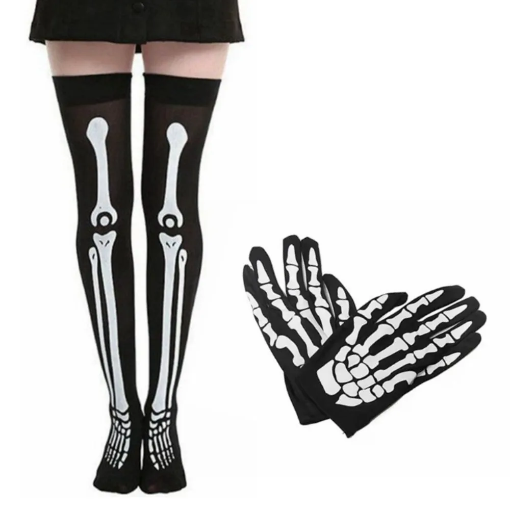 Funny Stockings Skeleton Gloves Polyester Fluorescent Skeleton Long Socks Black Costume Halloween Luminous Set Women