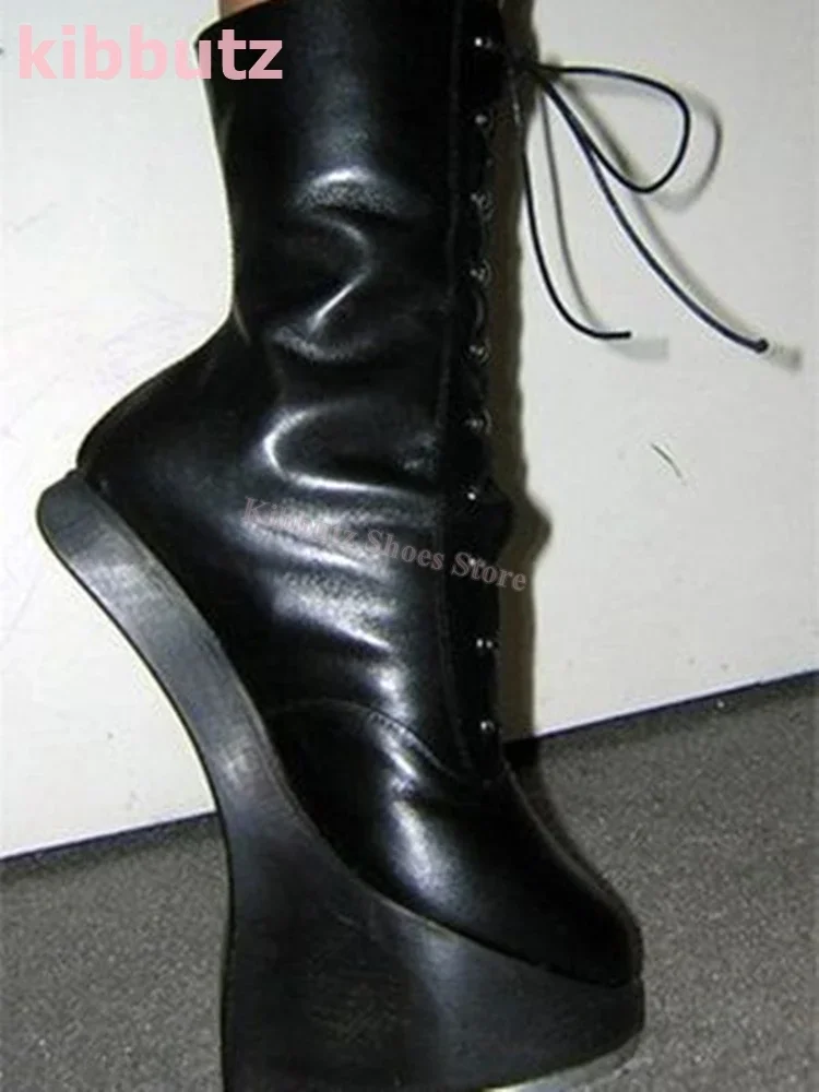 

Platform Ankle Boots Lace-Up Genuine Leather Zippers Solid Color Pointed Toe Height Increasing Fashion Luxury Novelty Sexy Shoes