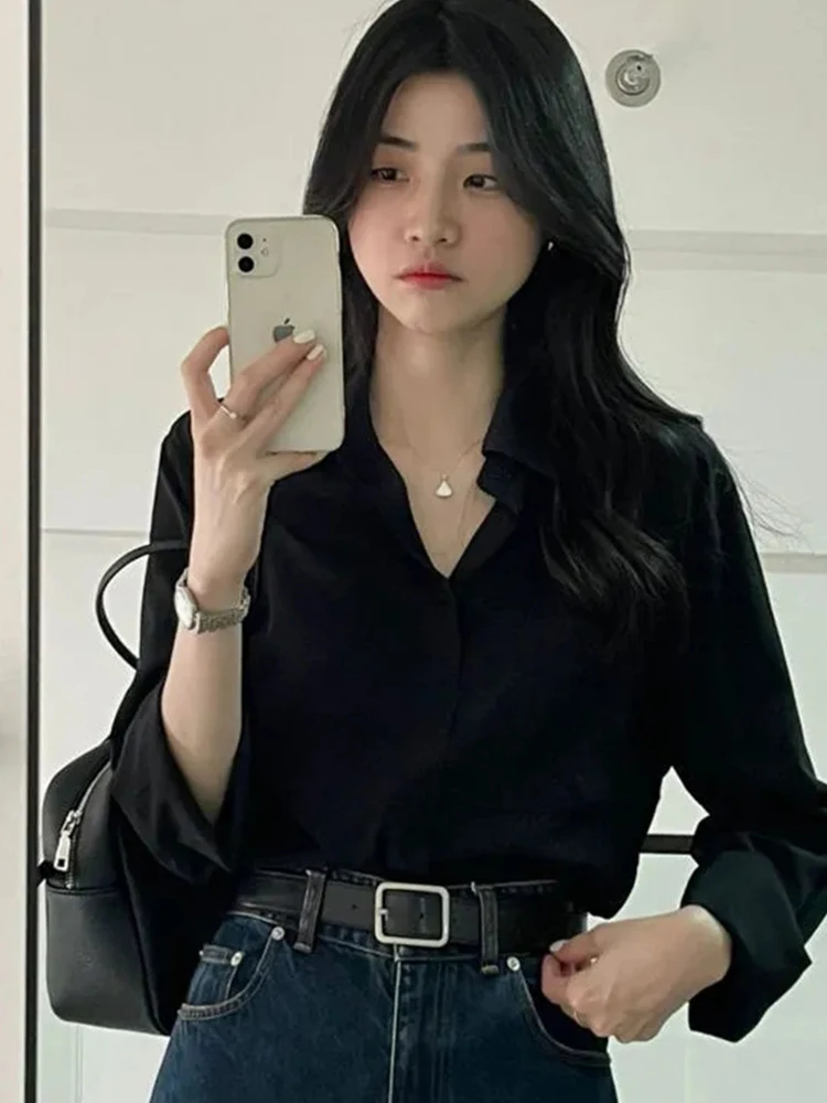 

Ele Bla Long Sve irt Women's Early Autumn Versatile High-End Drape V-Ne Slimming Faionable Top oulder