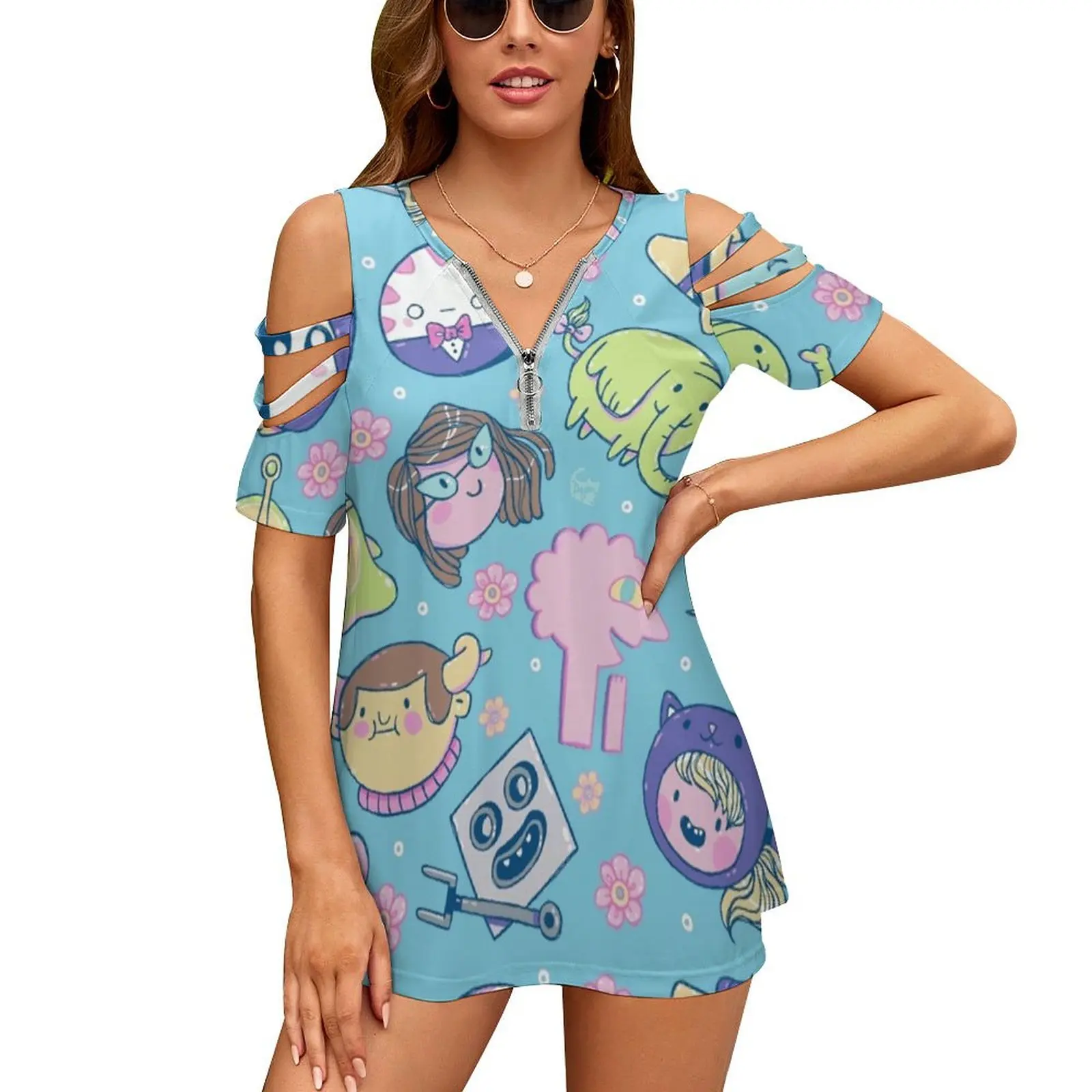 مغامرة الوقت الأصدقاء 2 المرأة تي شيرت موضة جديدة سحاب مطبوع الخامس الرقبة قصيرة الأكمام تي شيرت عادية حجم كبير مغامرة