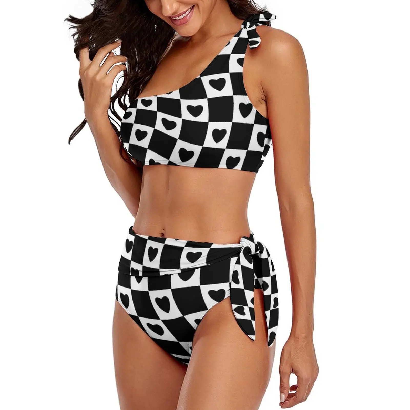 Hearts Check Print Bikini Set Schwarz-Weiß Bikini Badeanzug sexy One Shoulder Fantasy Bade bekleidung Surf 2 Stück feminine Bikinis