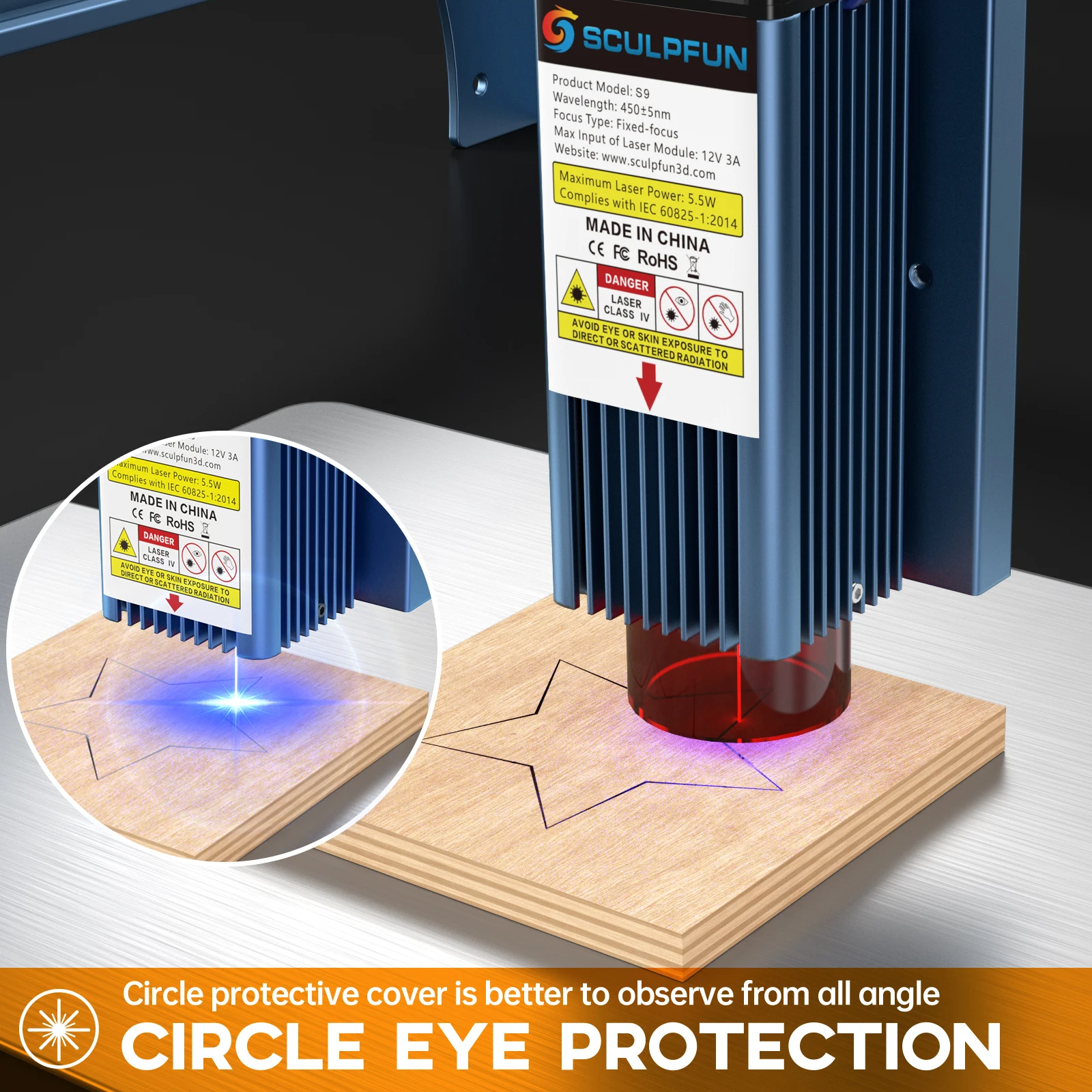 Imagem -05 - Módulo Gravador a Laser 90w Co2 Cabeça Laser para Máquina de Gravura Cortador a Laser Madeira Corte de Acrílico Gravura de Metal Sculpfun-s9