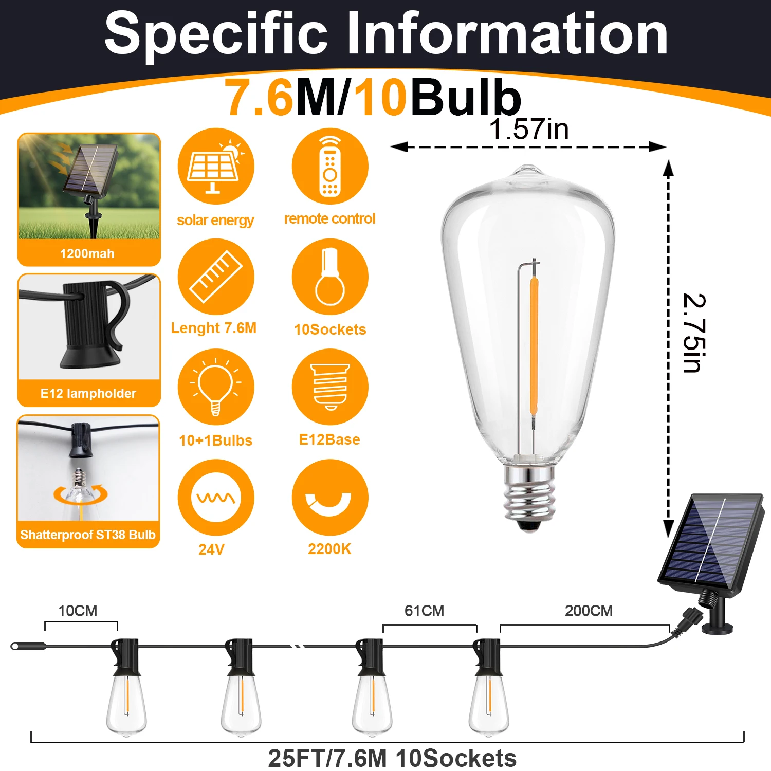 Solar Globe LED-lichtslingers G40 terraslicht USB-oplader 8 lichtmodi Afstandsbediening Tuin Solar weerbestendig hanglicht