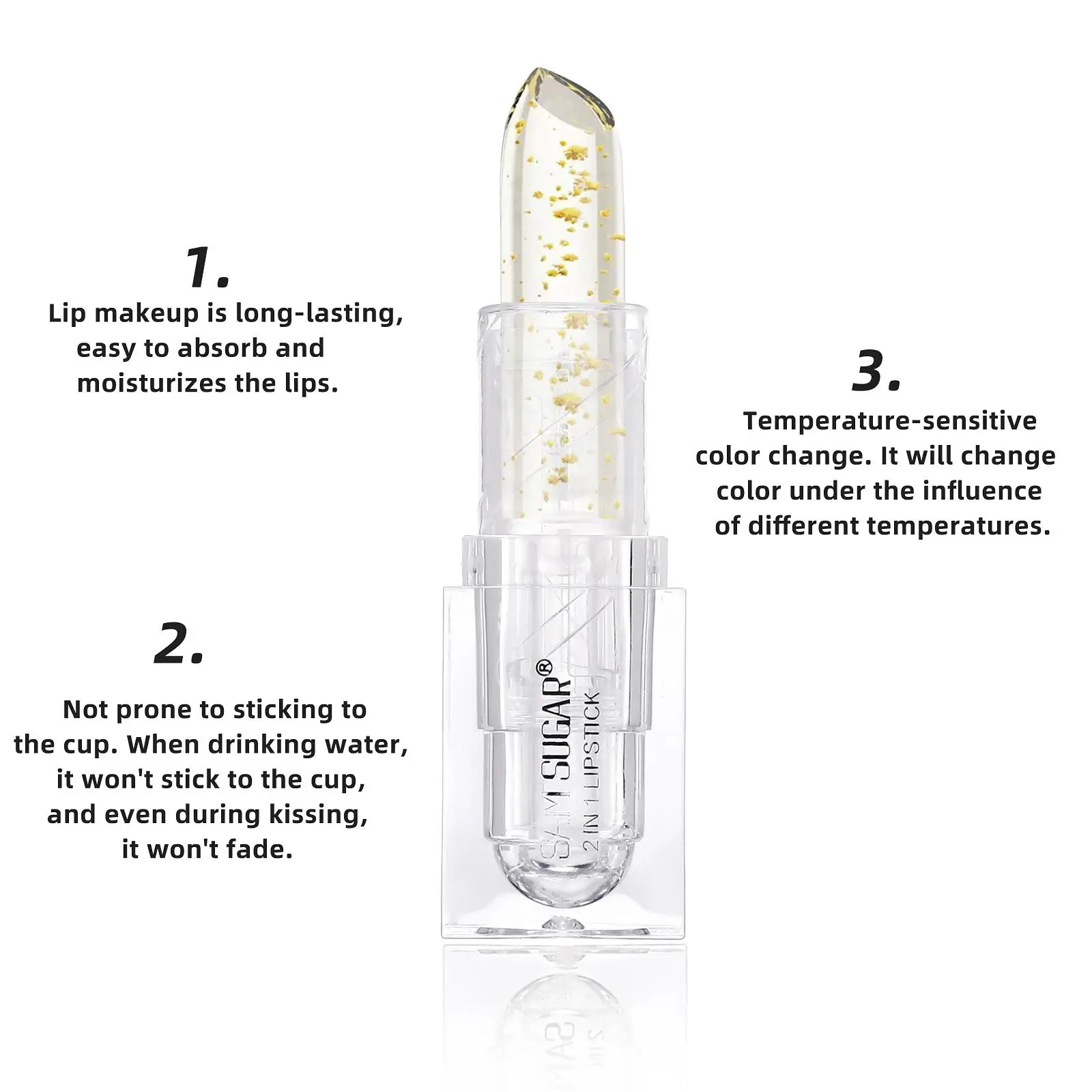 أحمر شفاه متغير درجة الحرارة، مرطب يدوم طويلاً، بلسم من رقائق الذهب، لون شفاه مغذي شفاف، سهل الاستخدام #2