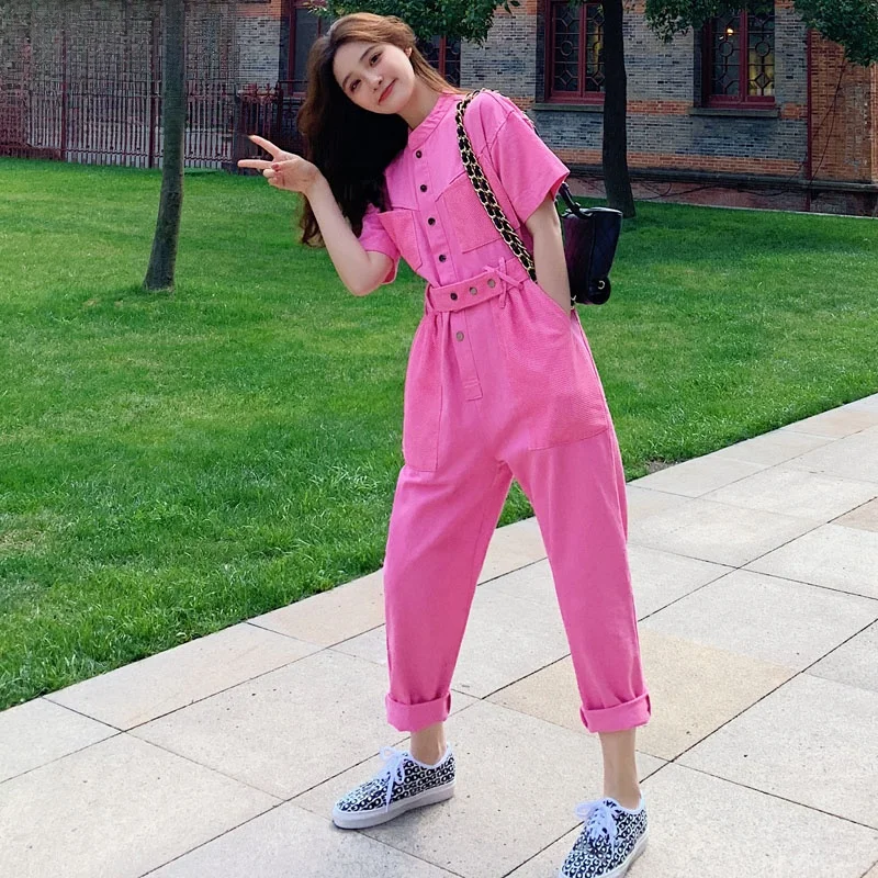 

Модный корейский комбинезон-брюки для женщин, свободный крой, повседневный стиль, для студентов, с высокой талией, из полиэфирного волокна, летний