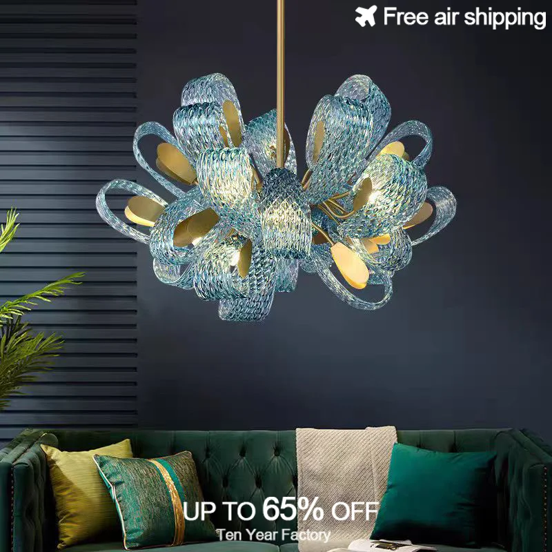 

All copper LED luxury peacock blue glass shade ceiling light fixture chandelier for dining room home decor pendant lighting