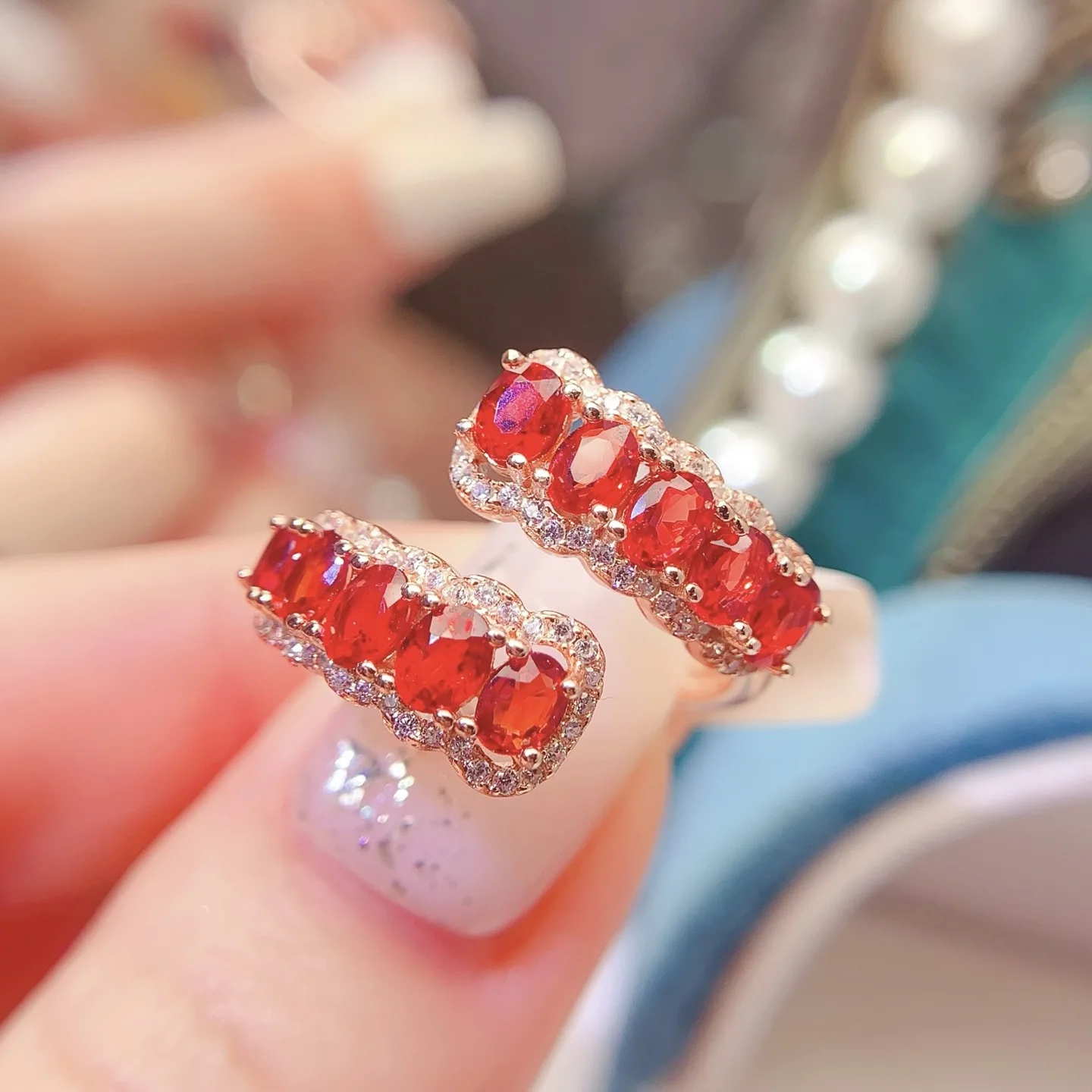 Natural Red Sapphire Ring 3x4mm Oval Cut S925 Silver Rose Gold Plated with CZ Accent Adjustable Band