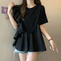 Elegant Temperament T-Shirts Solid Color Patchwork Round Neck Short Sleeve Ruffles Loose Thin Casual New Women's Clothing ZL358