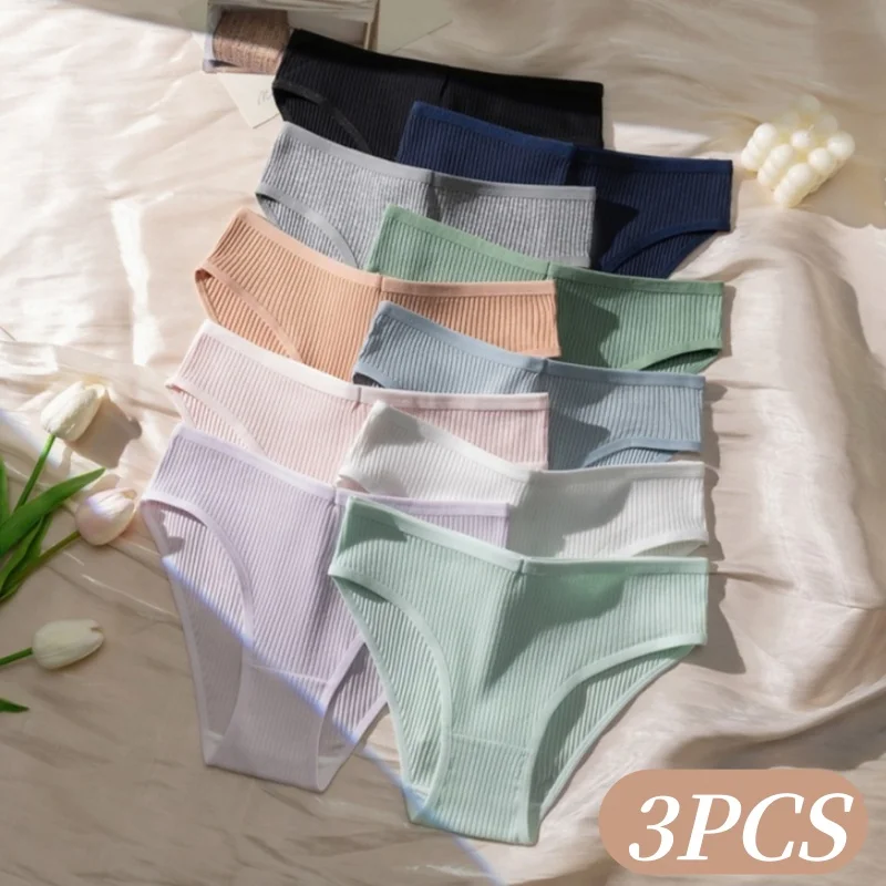 3-teiliges Set V-Front gerippte Slips Damen Baumwollunterwäsche Niedrig geschnittene Unterwäsche Sexy Lingerie Hohe Dehnbarkeit Alltags-Loungewear M-2XL