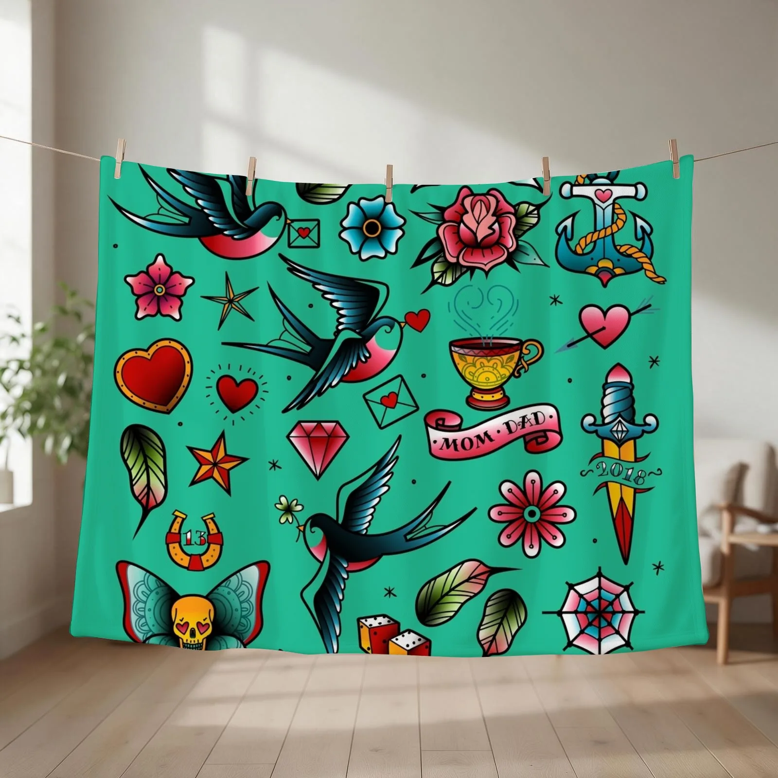 Old school tattoo stickers of swallows, diamonds, heart, rose, anchor Throw Blanket