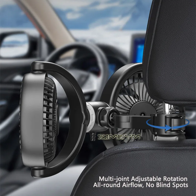Dual Head Car Fan 3 Speed Adjustable Multi-Joint 360° Rotatable USB 5V Quiet Cooling Fan for Car Back Seat SUV Truck RV
