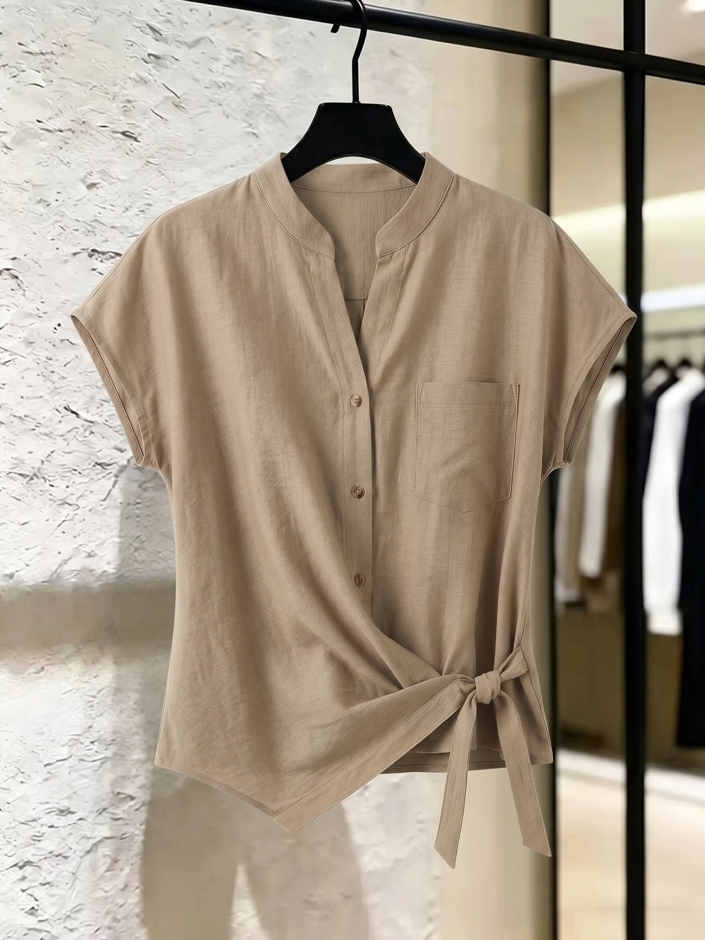 

Chic Knot Front Single Button Short Sleeve Shirt Trendy Korean Style Commute Fashion Straight Cut Summer Top for Young Women