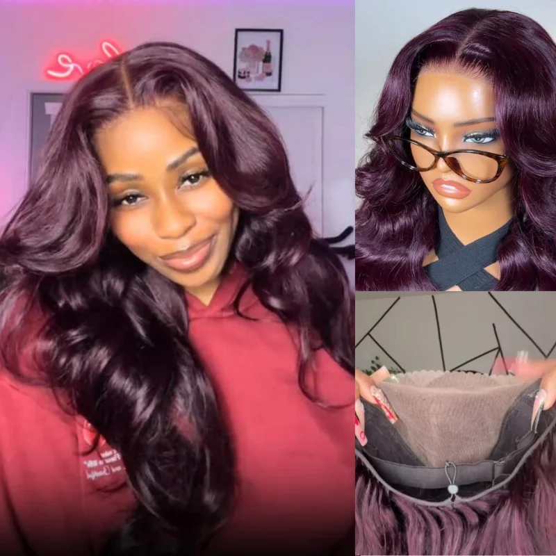 Klaiyi 7x5 Bye-Bye Slip Purple Black Cherry Loose Wave 180% Human Hair Wig Pull & Go Glueless Wig With Drawstring
