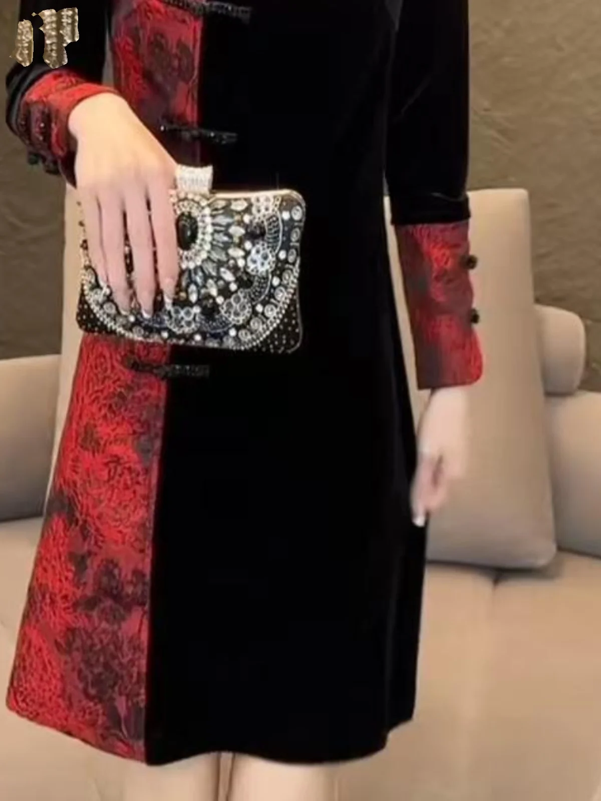 新しい中国風のベルベットパッチワーク改良されたチャイナドレススカートレトロハイウエスト痩身大きいサイズ秋冬新着