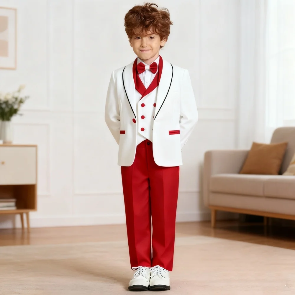 

2026 New Year Boys Formal Suit Set - 4Pcs White Red Tuxedo Jacket Vest Pants Bowtie for Kids Evening Party Ceremony Performance