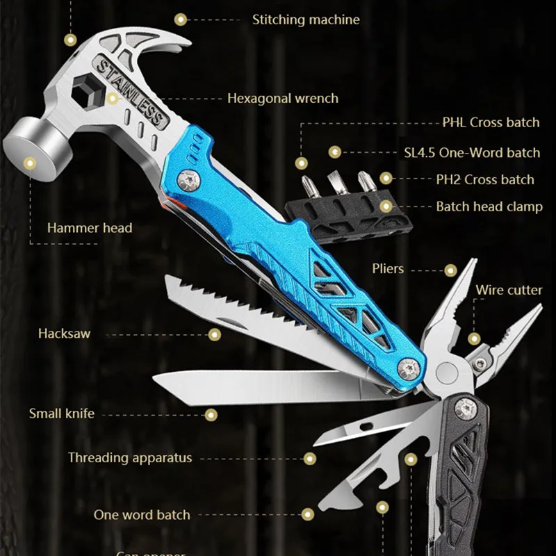 Outdoor multifunctional hammer pliers portable self-defence knife pliers field camping broken windows emergency tools