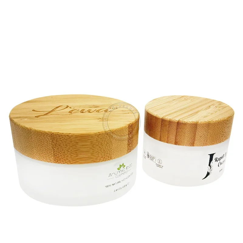 

High-end Frosted Glass Cream Jars with Wood Grain Bamboo Cap Cosmetics Storage Containers Cans Refillable glass Bottle Wholesale