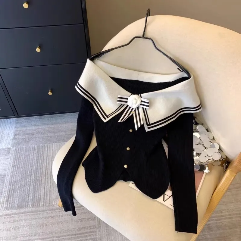 

Black Beige Contrast Color Navy Collar Short Sweater New Spring Women Bow Knitted Top Off Shoulder Long Sleeve Slim Jumper Top