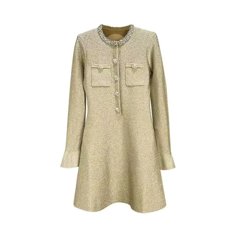 Robe tricotée à manches longues et col en diamant, fil d'or lourd, haute qualité, mode, Mini jupe Slim, nouvelle collection printemps 2026