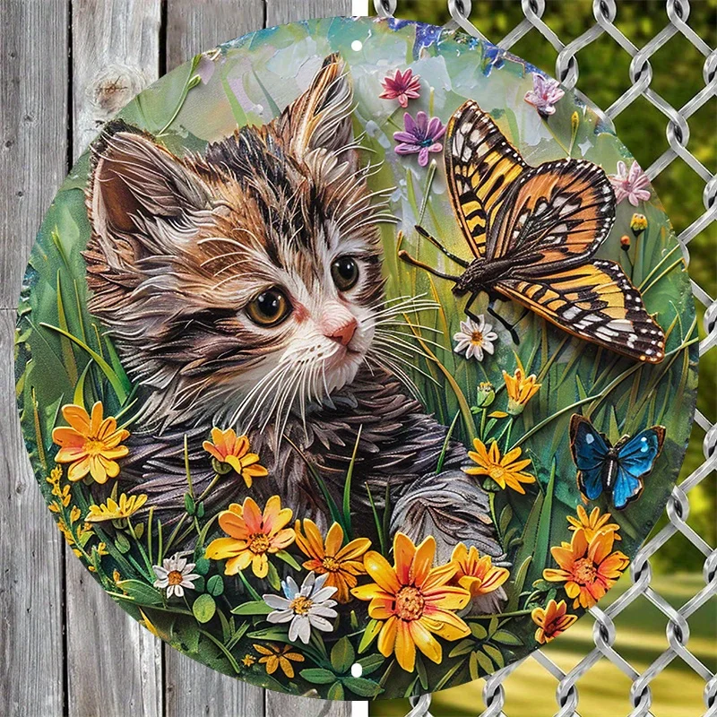 Aluminum Metal Cat and Butterfly Sign, HD Print for Dormitory and Pet Lovers, Pre-drilled and Waterproof, Valentine's Day Gift