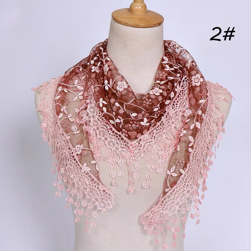 Women Embroidered Lace Tassel Scarf Triangle Fringe Solid Color Shawls Fashion Lightweight Prayer Hijab 150*40cm