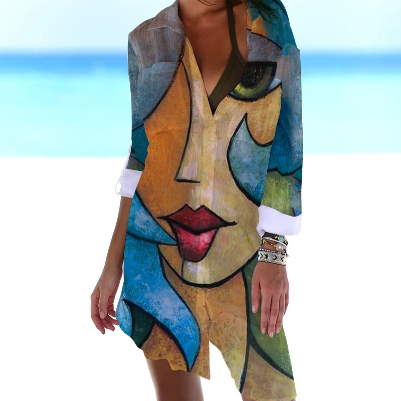 Hawaii Abstract Portret Print Shirt Jurk Face Sexy Blouse Outwear Shirt Lange Mouw Maxi Jurk Voor Vrouwen Vestidos Traf