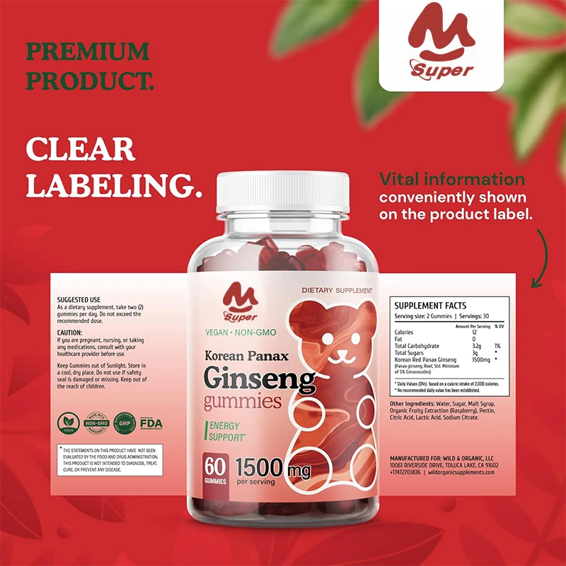 Korean Red Ginseng Soft Candy Energy and Brain Supplements Soft Candy Vitamins Memory and Immune Support Vegetarian Supplements