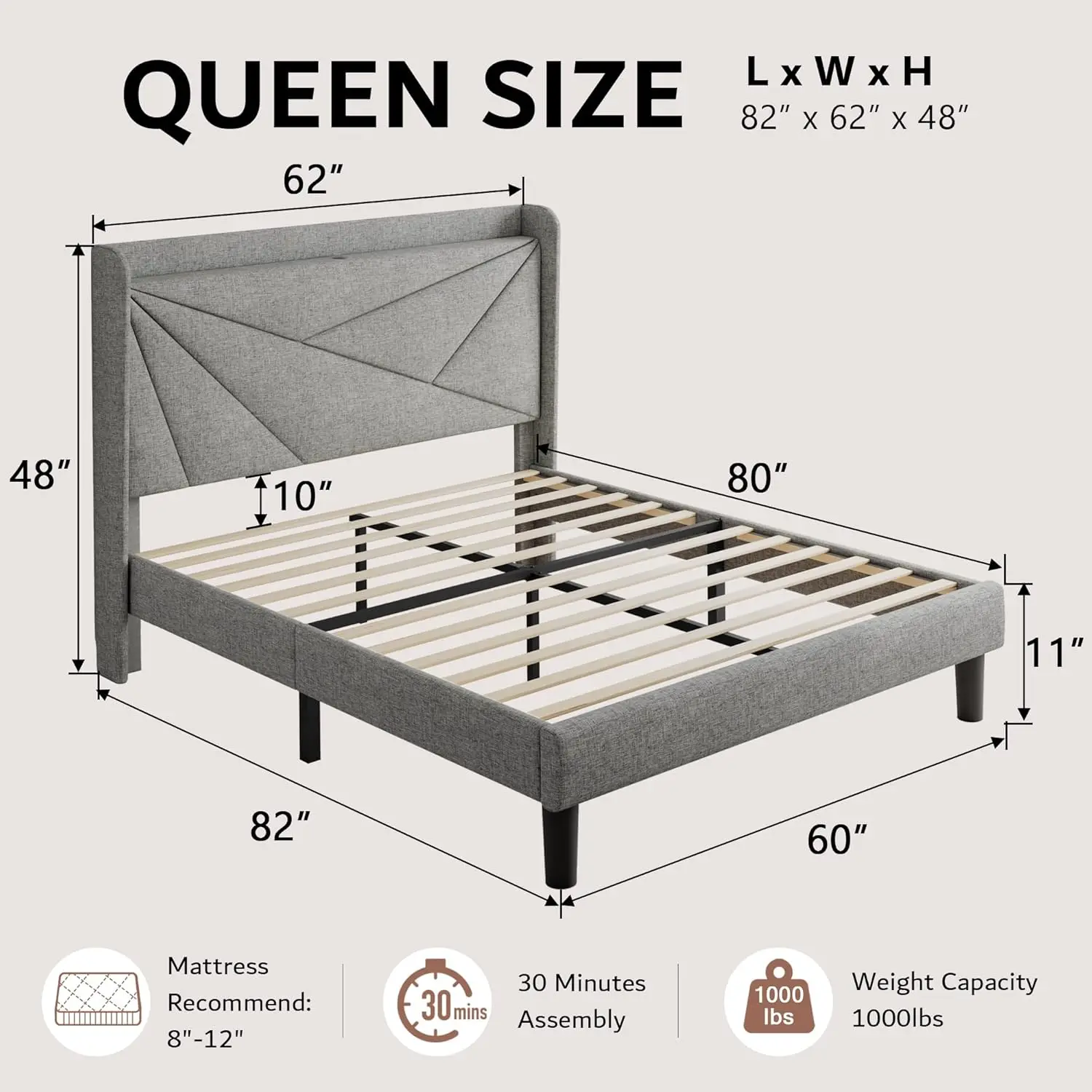 Bed Frame with Charging Station, Platform Upholstered Bed, Linen Geometric Storage Headboard