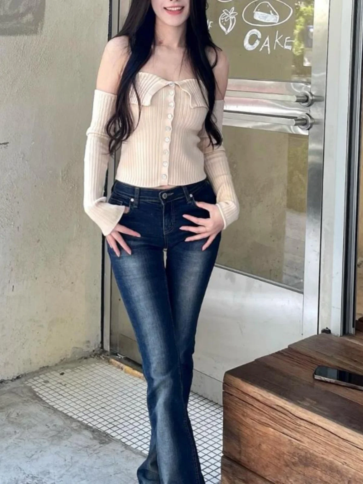 

Slimming Low Waist Cuffed Bell Bot Jeans Women's Casual Fit Jeans High Elastici Long Leg Lengthening Floor Length