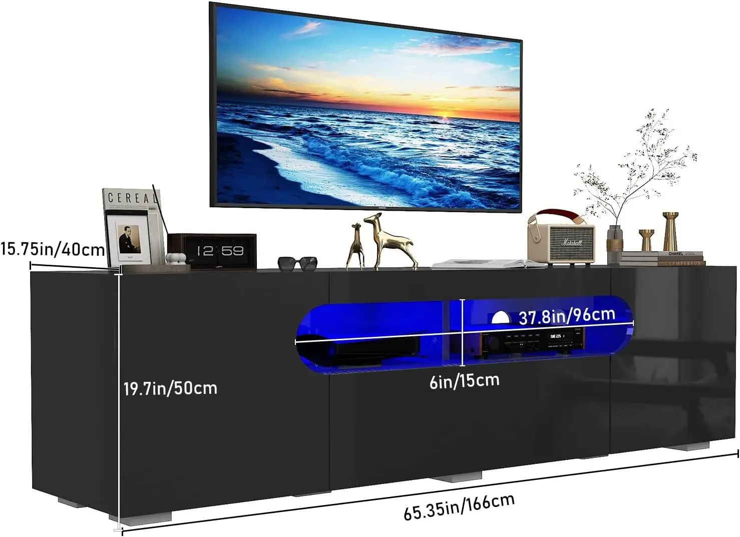 LED TV Stand para sala de estar, preto TV Stands, alto brilhante centro de entretenimento com gaveta grande armazenamento, 75 in, 70 in, 65in