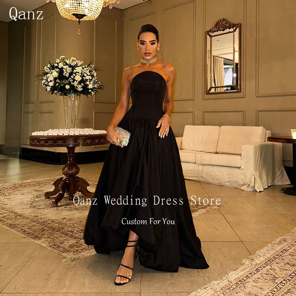 Qanz Modern Black Satin Formal Evening Dresses Strapless Floor Length Long Evening Dresses Luxury Dresses Women Customized