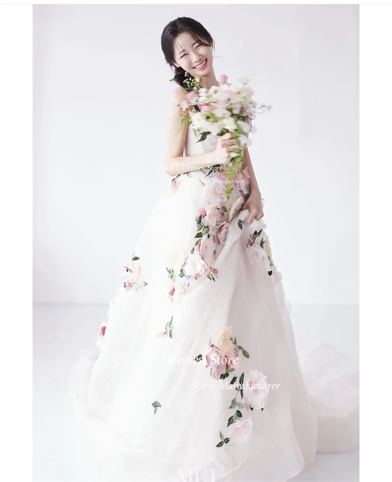 OLOEY-vestido de novia de encaje Floral, elegante, línea A, corea, sesión de fotos, escote corazón, hasta el suelo, corsé, espalda, matrimonio