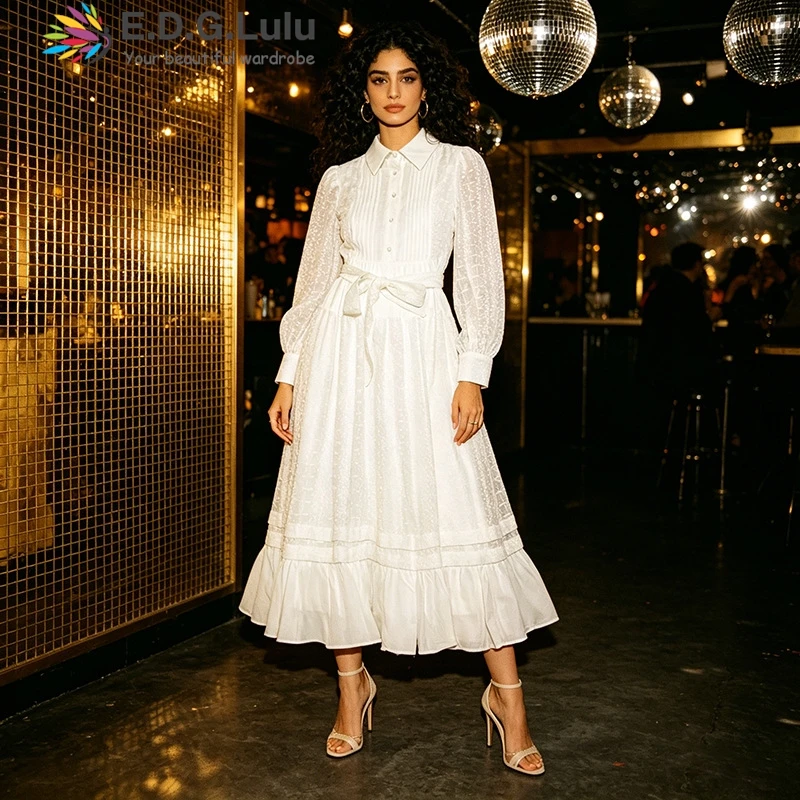 EDGLuLu Fashion Turn-Down Collar Single Breasted White Dress Woman High Waist Lace Up Ruffle Elegant Long Dresses