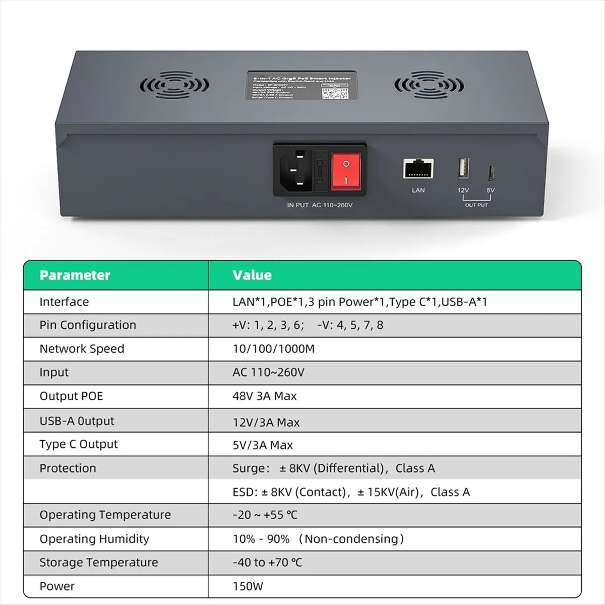 Goodprice POE Injector for Starlink Mini Version 5-In-1 AC POE Smart Injector and Separator Set for Starlink Mini Dish US PLUG