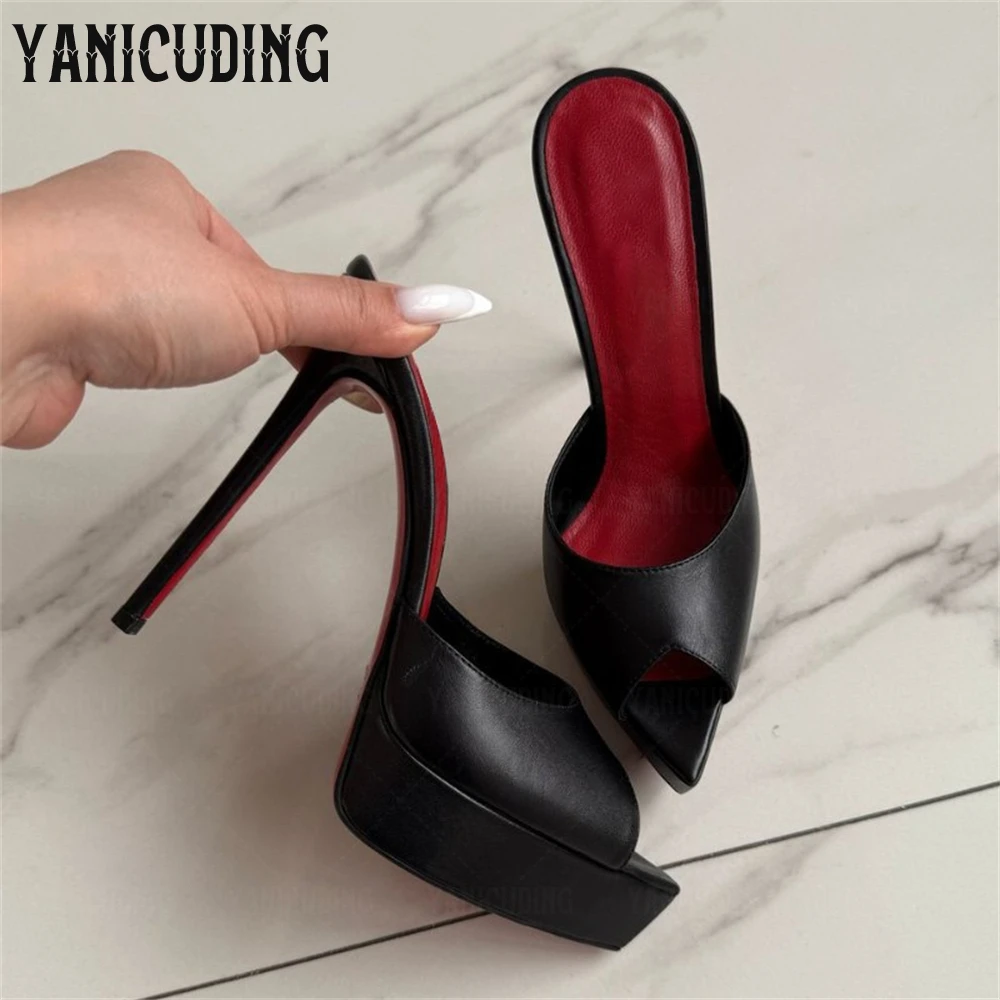

Sexy Pointed Peep Toe Platform Mules Multicolor Leather Slip-On Stiletto Slippers Elegant Designer Style Handmade Summer Heels