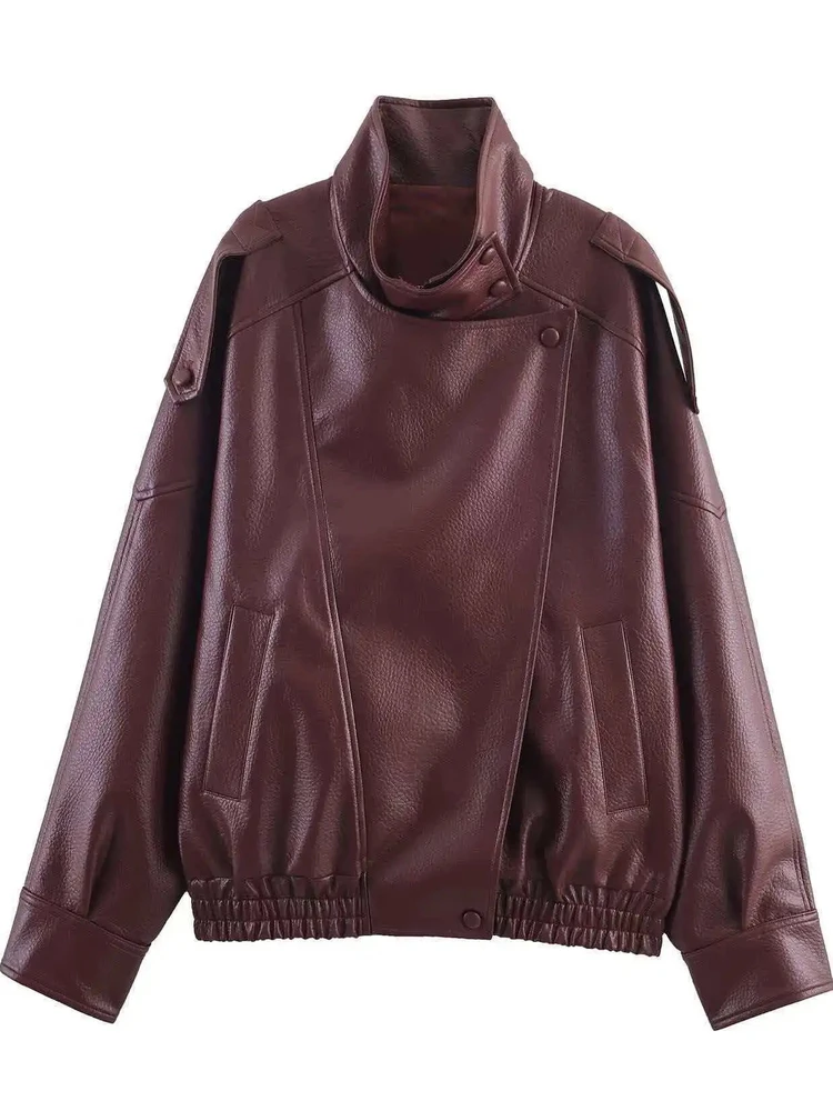 Moto Sle ort PU cuir Jaet femmes automne hiver nouveau Faion Long Sve col montant fermeture éclair coupe ample manteau